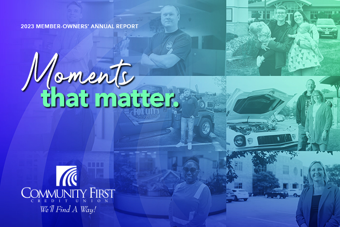 Purple and teal image collage text 2023 member-owners annual report. Moments that matter..