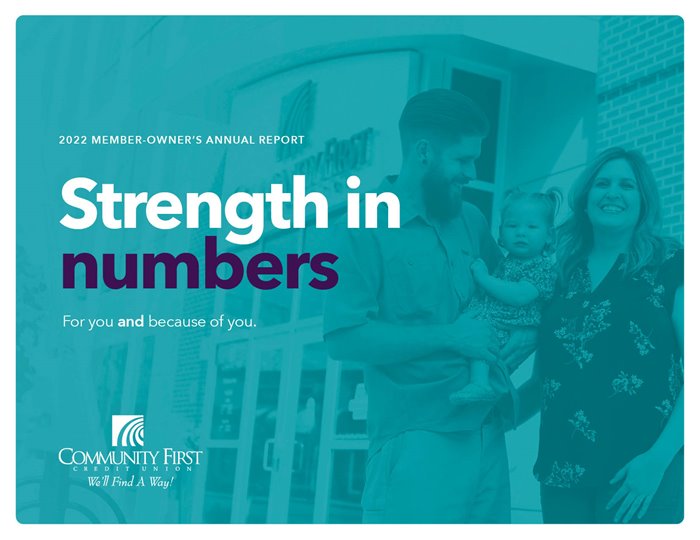 Teal image showing young family, text states 2022 Member-Owner's Annual Report - Strength in numbers. For you and because of you.