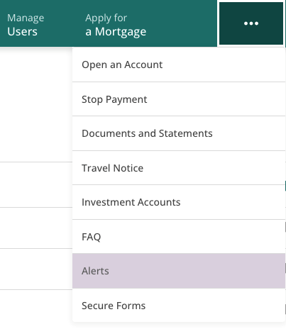 Community First Credit Union digital online mobile banking alert dropdown menu screen shot.