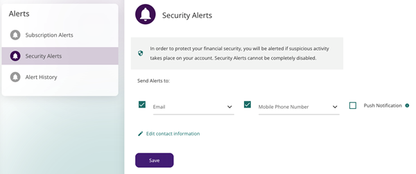 Community First Credit Union digital online mobile banking security alert page menu screen shot.