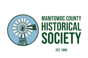 Manitowoc Historical Society logo in green with windmill and blue background, established 1906.