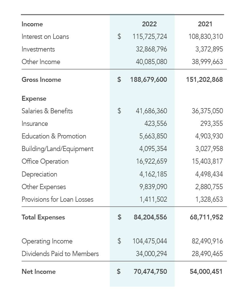 Statement of Income Chart showing Gross Income $151 million in 2021, $188 million in 2022. Total Expenses $68 million in 2021, $84 million in 2022. Net Income is $54 million in 2021 and $70 million in 2022.