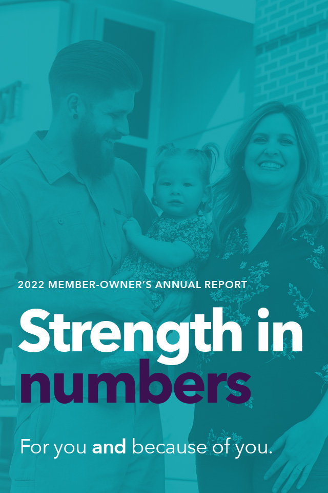 Smiling family in front of CFCU branch. Text reads, "2022 Member-owners Annual Report. Strength in Numbers. For you and because of you."