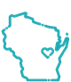 Teal outline of Wisconsin with heart over Appleton, Neenah, Fox Cities.