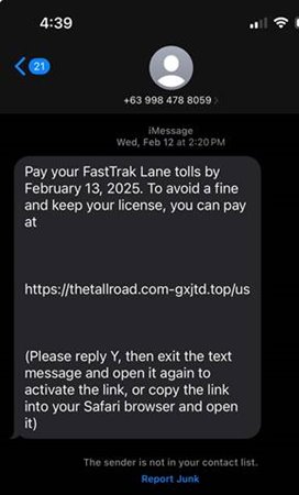 Toll text scam example.