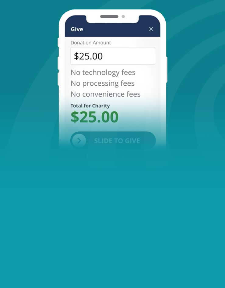 Teal background with sample phone showing donation to charity.