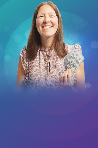 Woman in flowered shirt holding $1000 cash back with a blue-purple background.