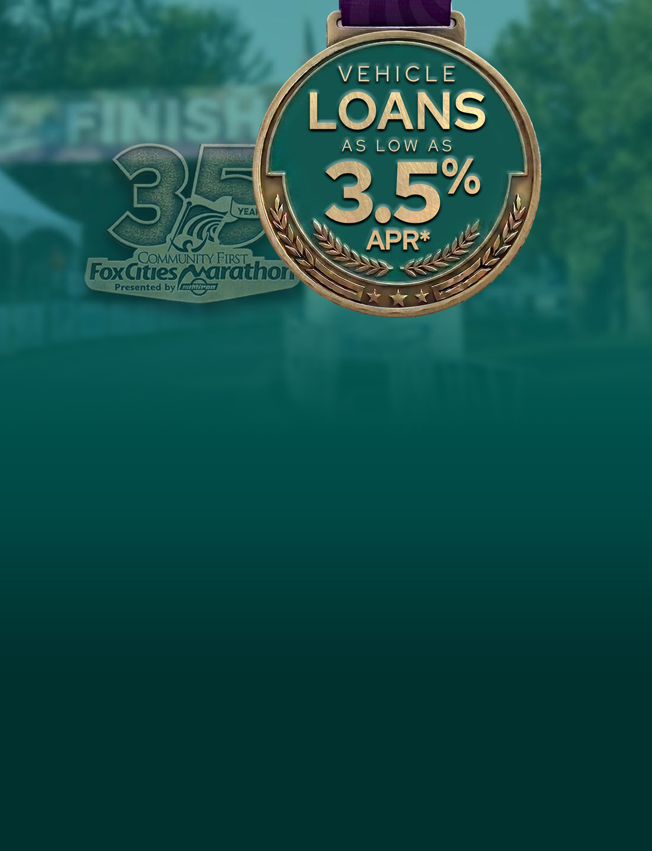 Marathon loan sale medal with teal background.