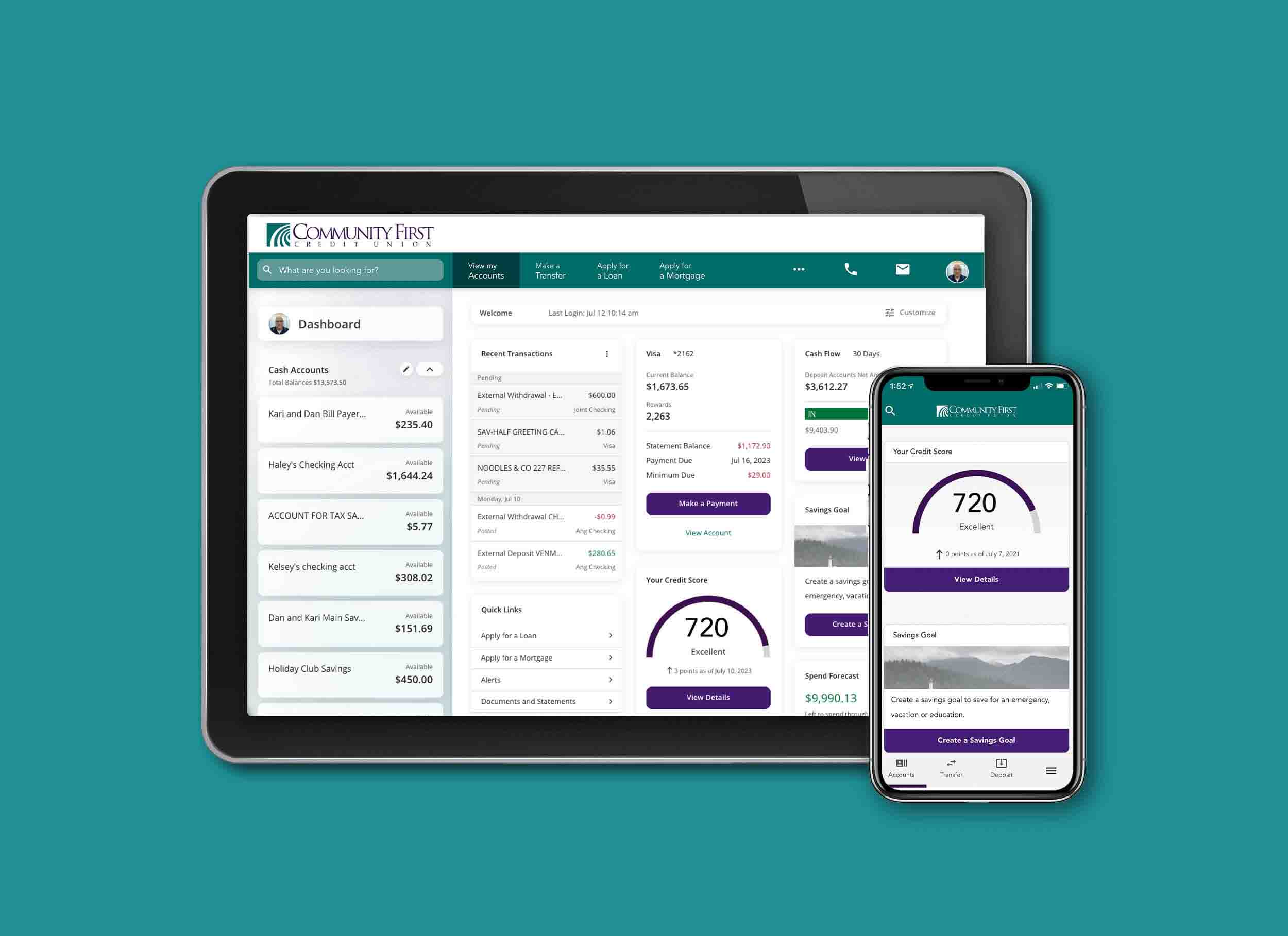 Community First Credit Union digital banking credit score monitoring with SavvyMoney display on tablet and mobile.