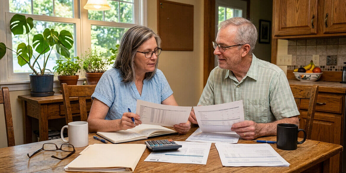 Couple at kitchen table looking over paperwork.