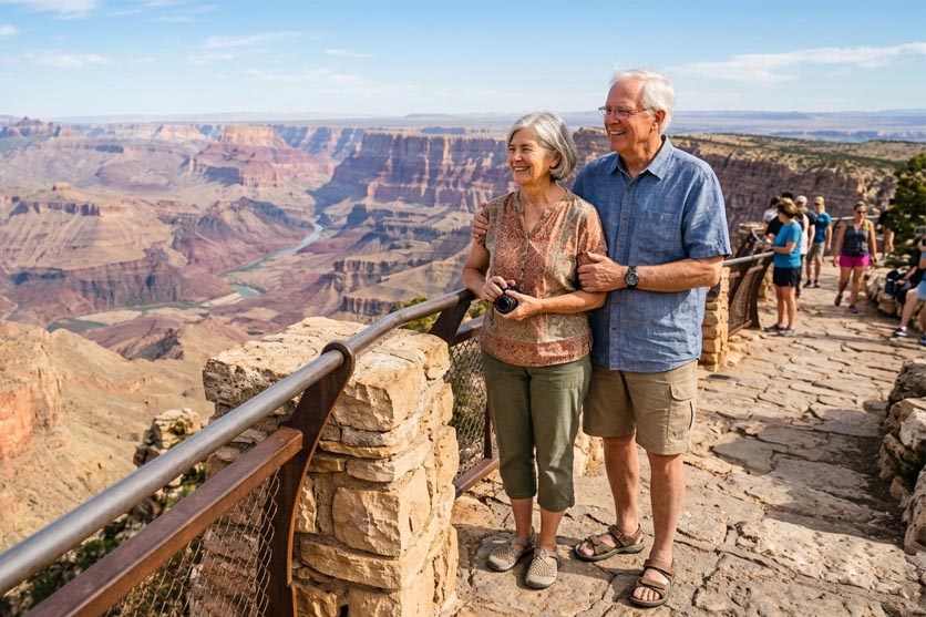 Older couple standing by canyon view.