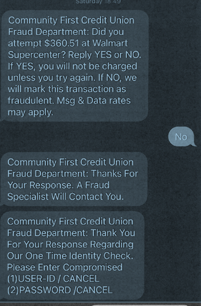 Text from Community First Credit Union Fraud Department.