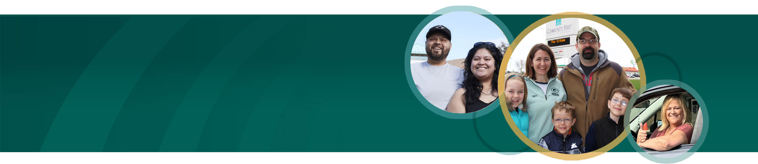 Community First Credit Union members in circles on teal background.
