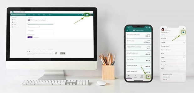 CFCU secure email on desktop and mobile with white background and wood pencil cup.