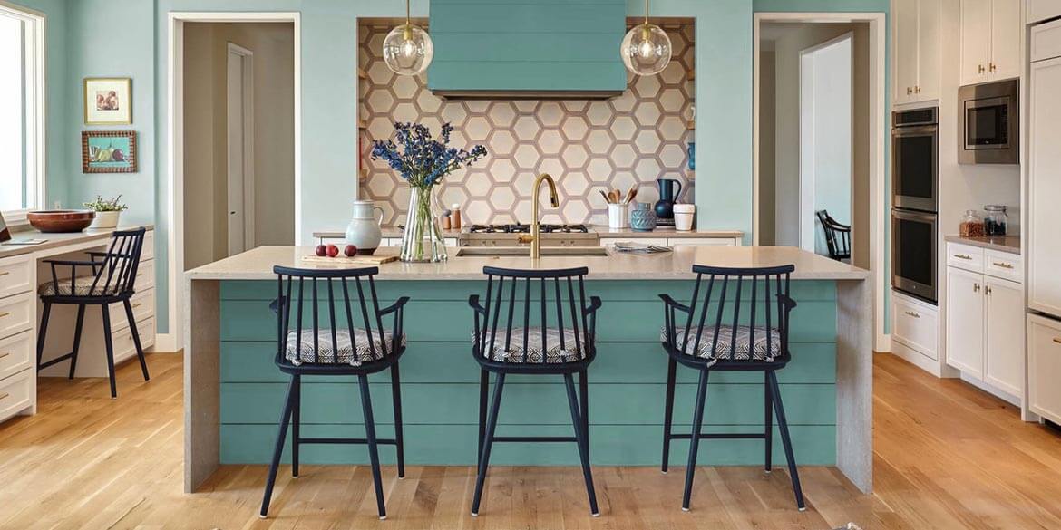 Kitchen design featuring bright colors and tile backsplash