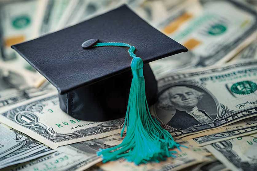 Black graduation cap with teal tassel on top of money.