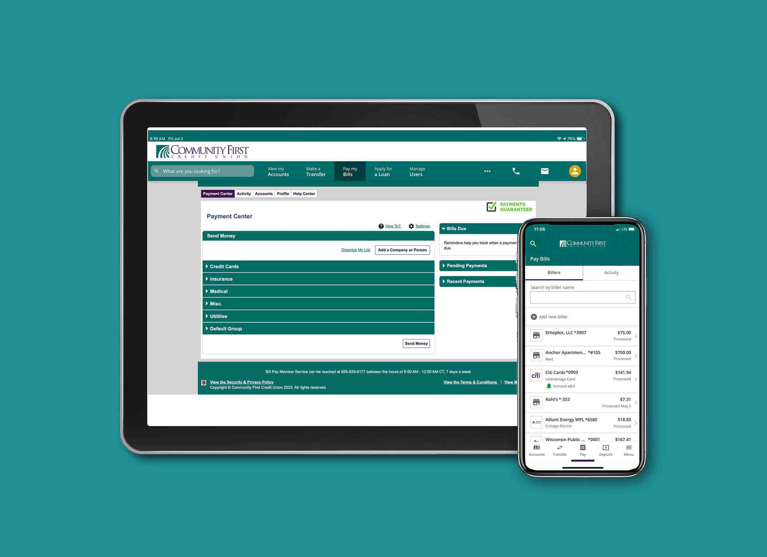Community First Credit Union digital banking digital and person-to-person payments display on tablet and mobile.