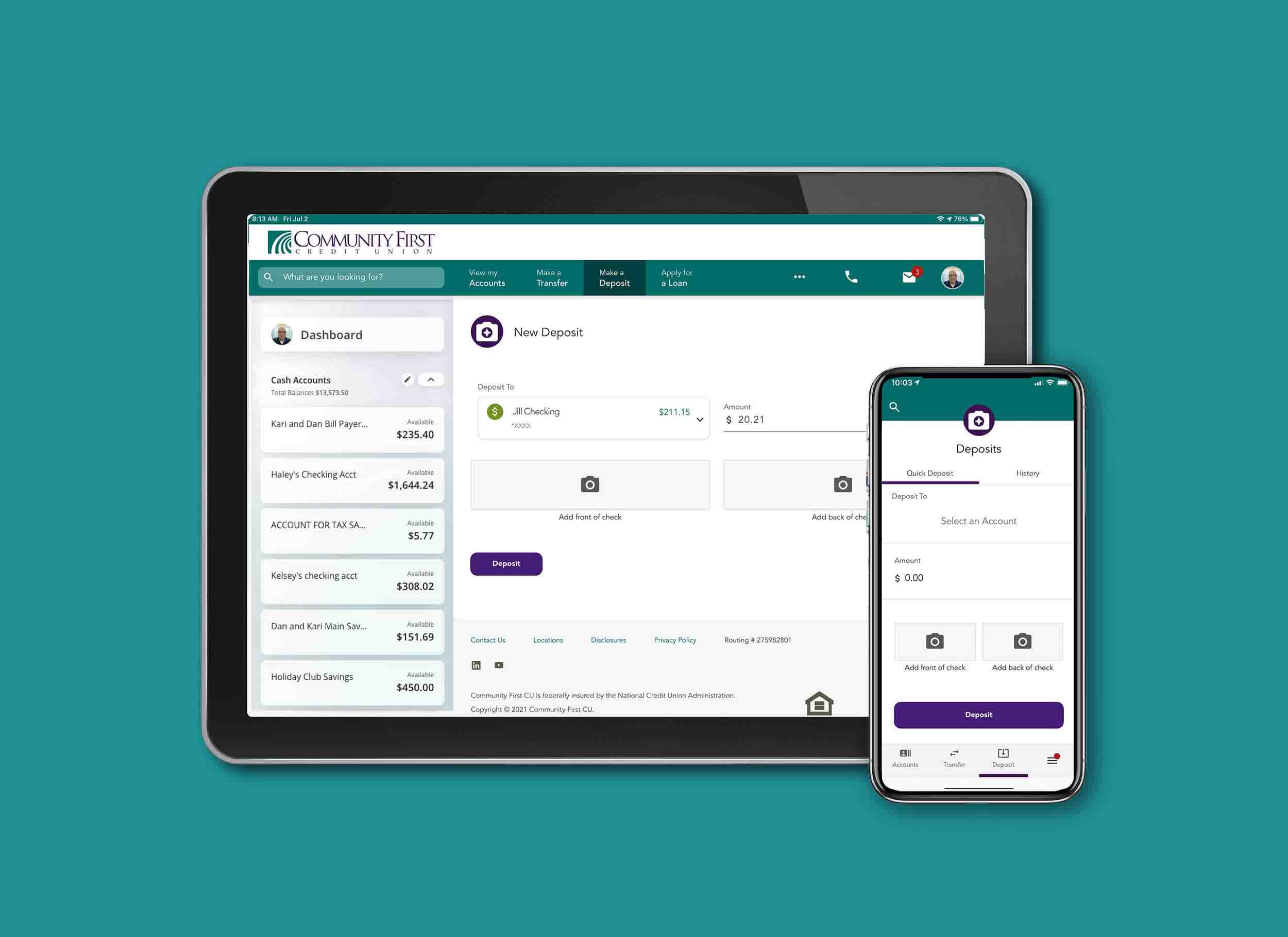 Community First Credit Union digital banking remote check deposits display on tablet and mobile.