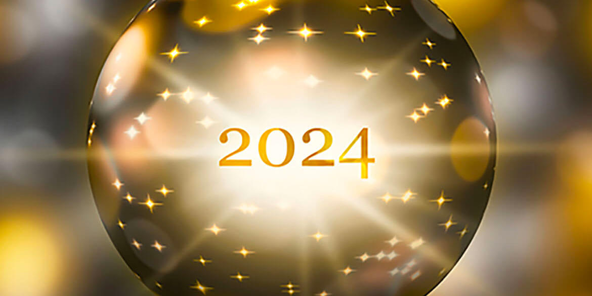 Sparkling gold ball with 2024 glowing to show optimism in the economy..