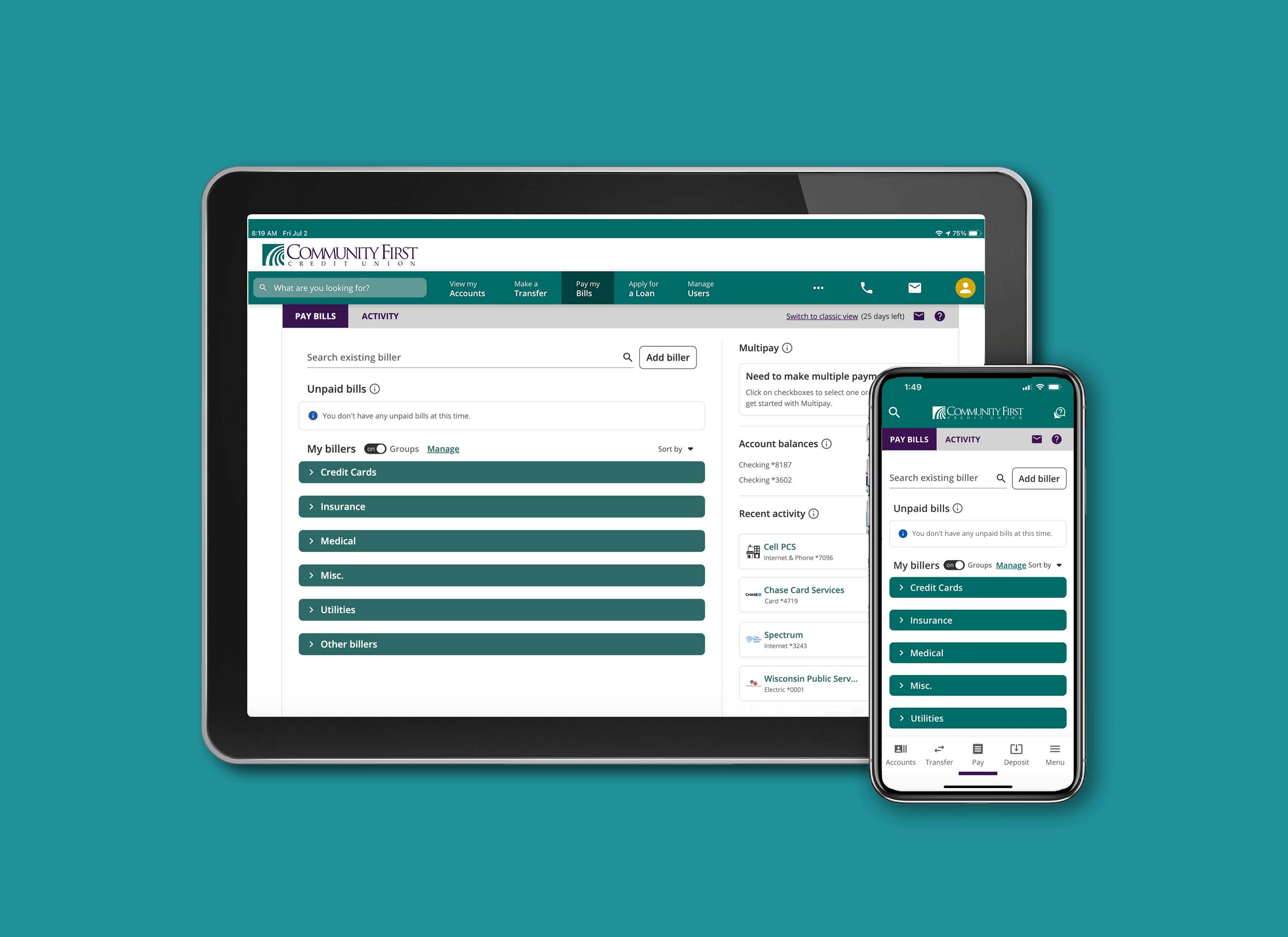 Community First Credit Union digital banking digital and person-to-person payments display on tablet and mobile.