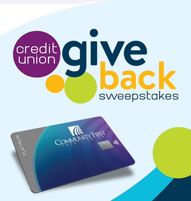 Credit Union Give Back Sweepstakes text with Community First Credit Union Platinum Credit Card sounded by colored circles.