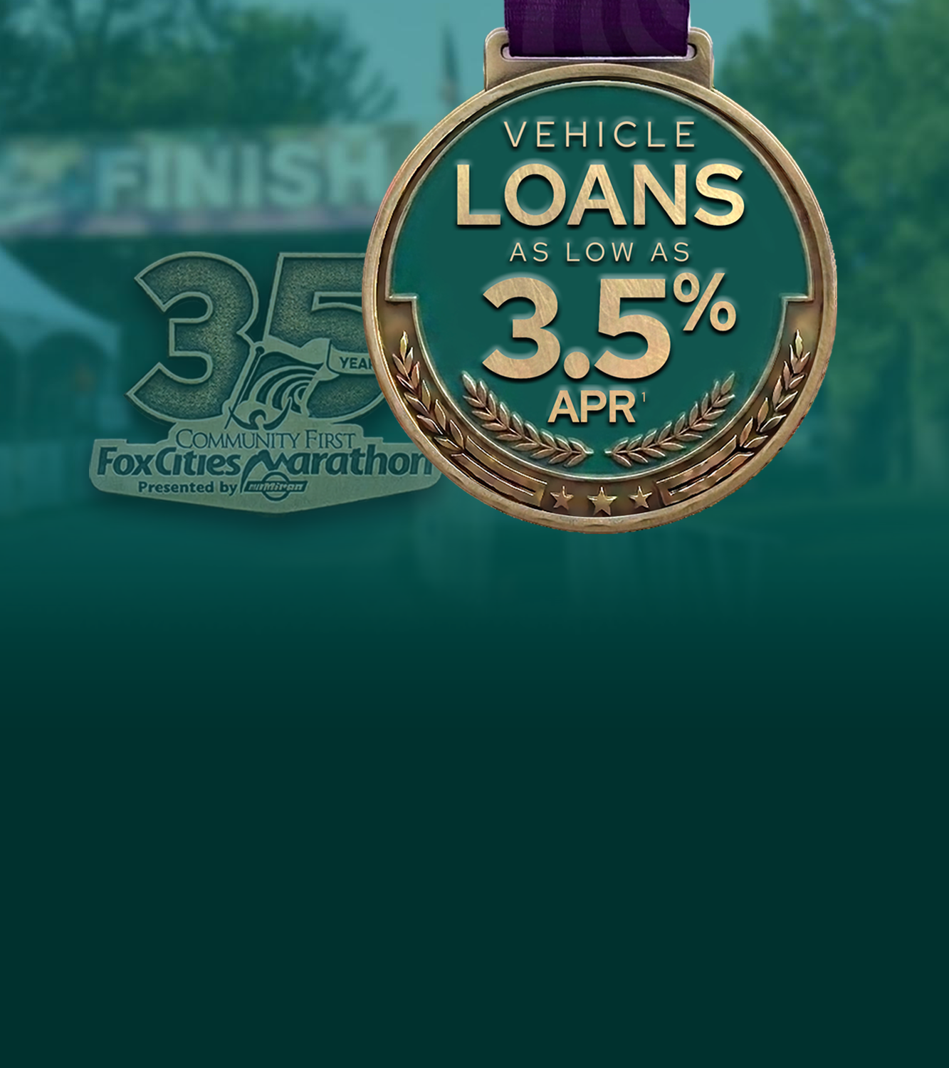 Marathon loan sale medal with teal background.