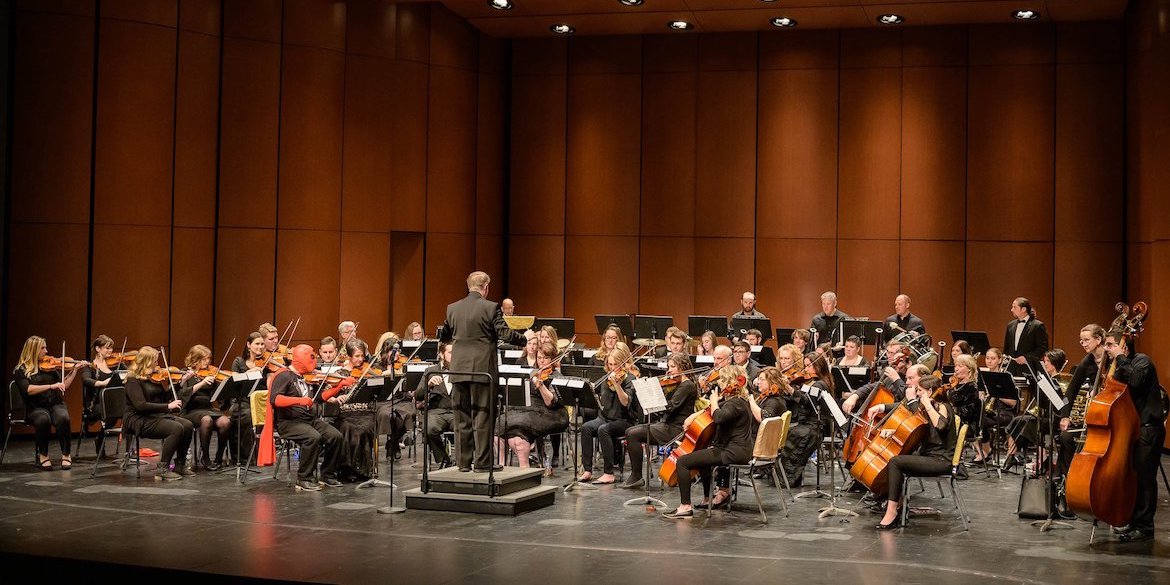 Full FVSO Sinfonia orchestra performing concert.
