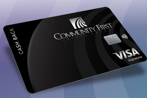 Purple background with black cash back Visa card from Community First Credit Union.