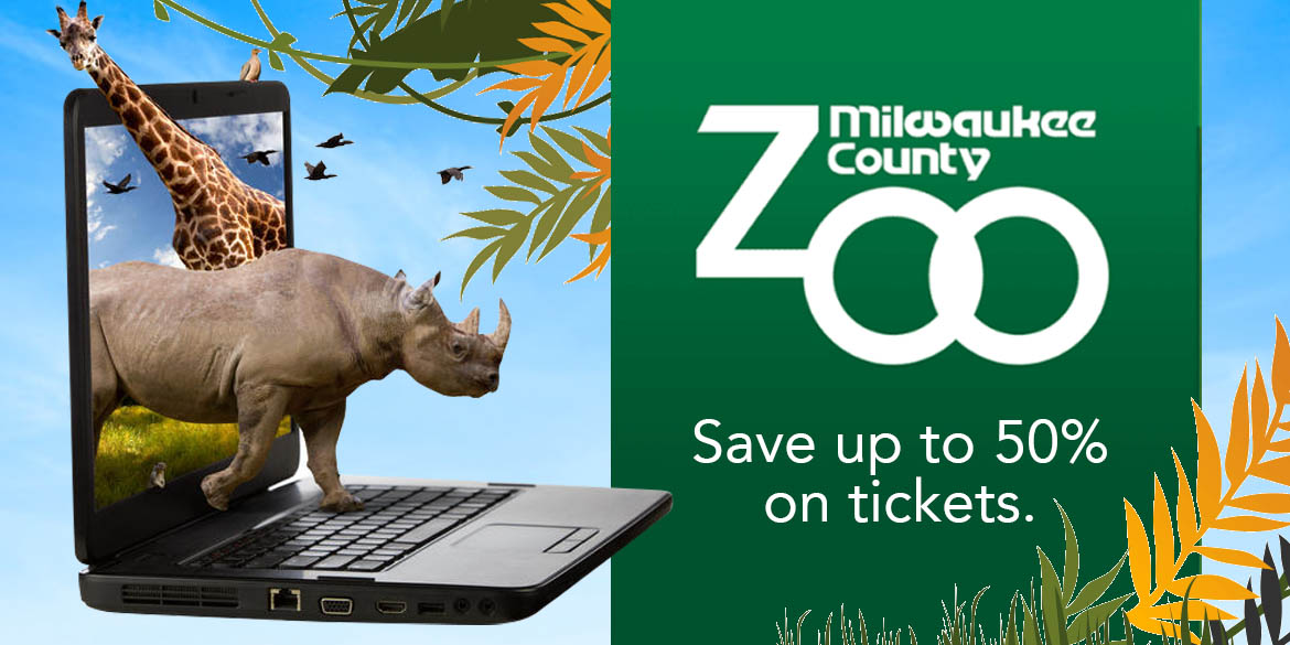 Blue sky with black laptop and a rhino stepping on the keyboard with a giraffe's head above the screen. On a green banner white text states Milwaukee County Zoo. Save up to 50% on tickets.