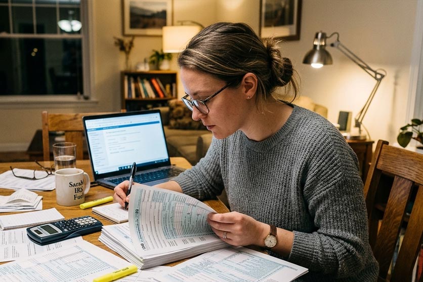 Woman studying tax forms at table.