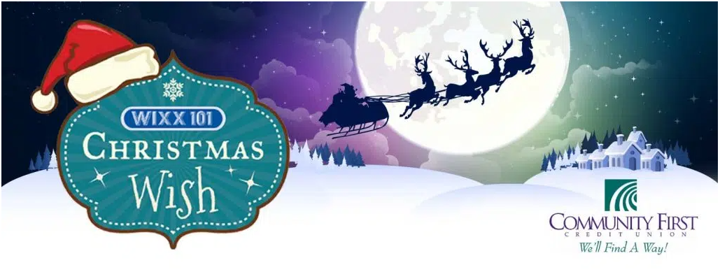 WIXX 101 logo with a Santa hat and Santa and reindeer flying across the moon for the Christmas Wish