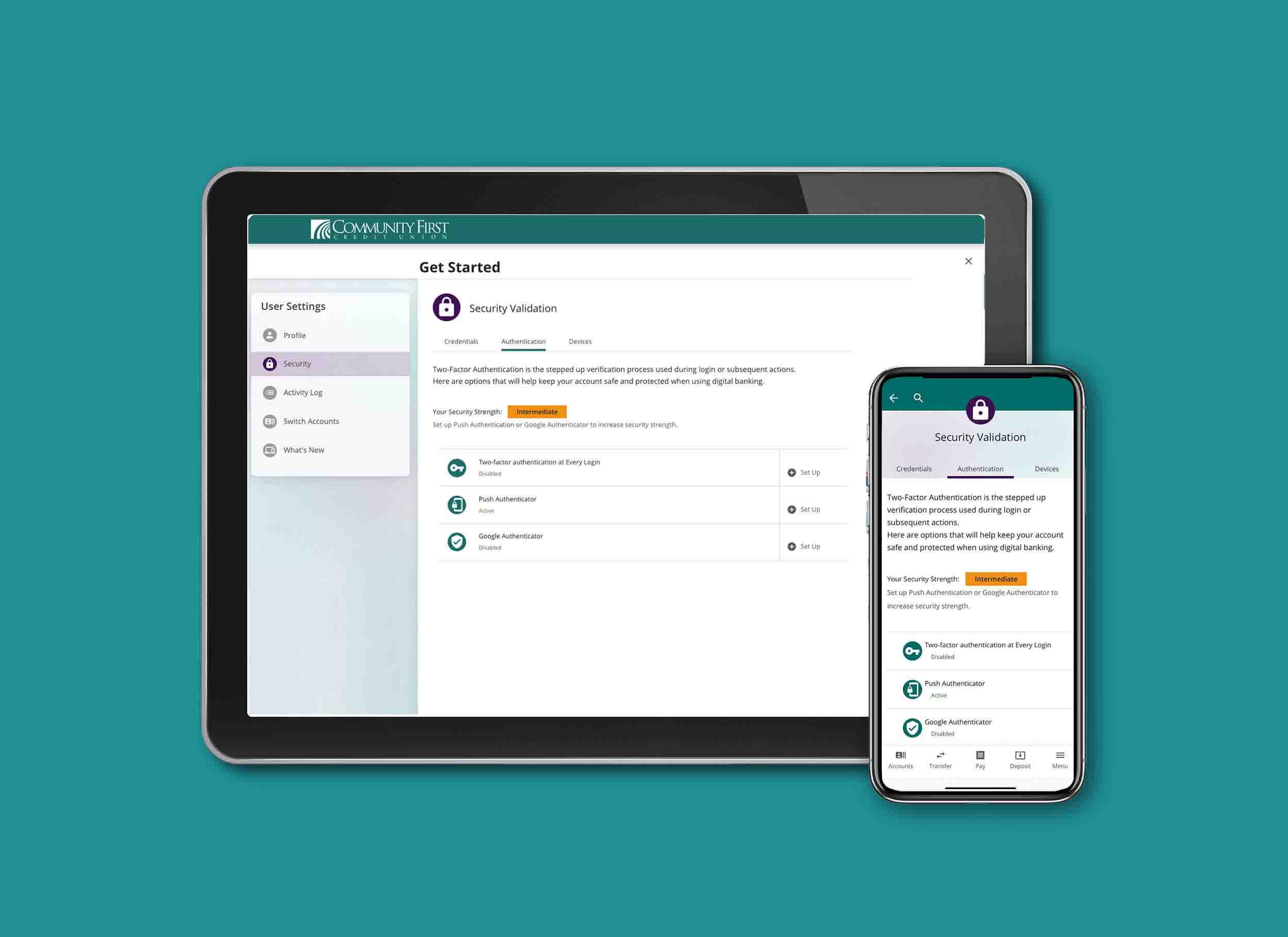 Community First Credit Union digital banking advanced security options display on tablet and mobile.