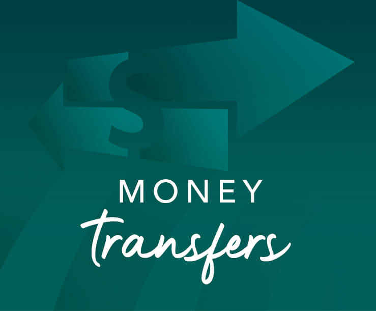Green background white text money transfers with two arrows and dollar sign in subtle green.
