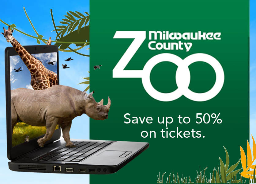 Blue sky with black laptop and a rhino stepping on the keyboard with a giraffe's head above the screen. On a green banner white text states Milwaukee County Zoo. Save up to 50% on tickets.