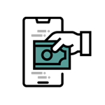 Outline of mobile phone, hand, and credit card.