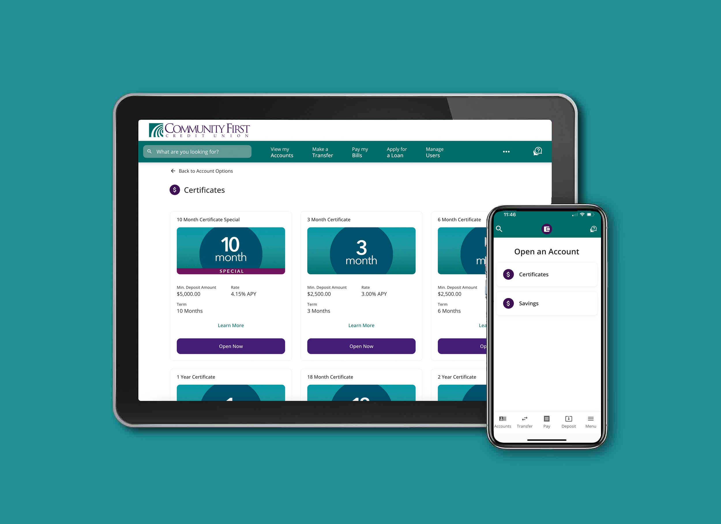 Community First Credit Union digital banking account opening display on tablet and mobile.