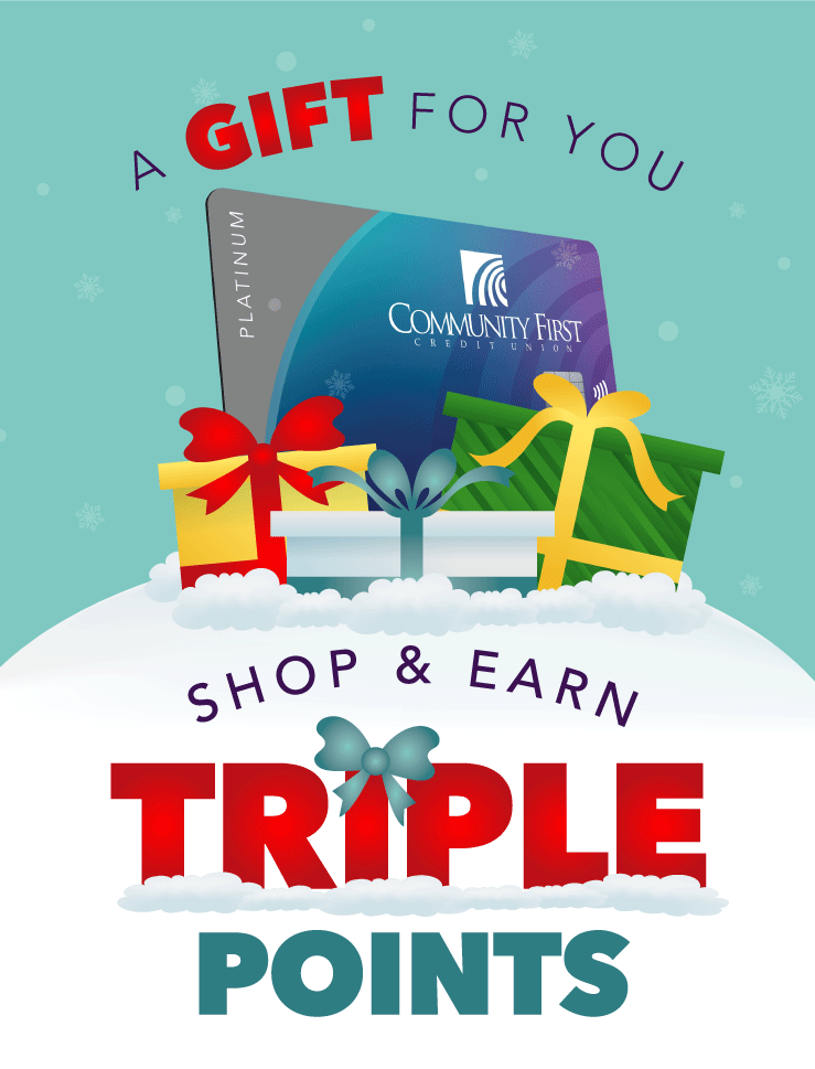 Triple points credit card during the holiday giving season with presents and snow.