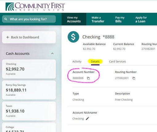 Screen shot of account number on online banking.