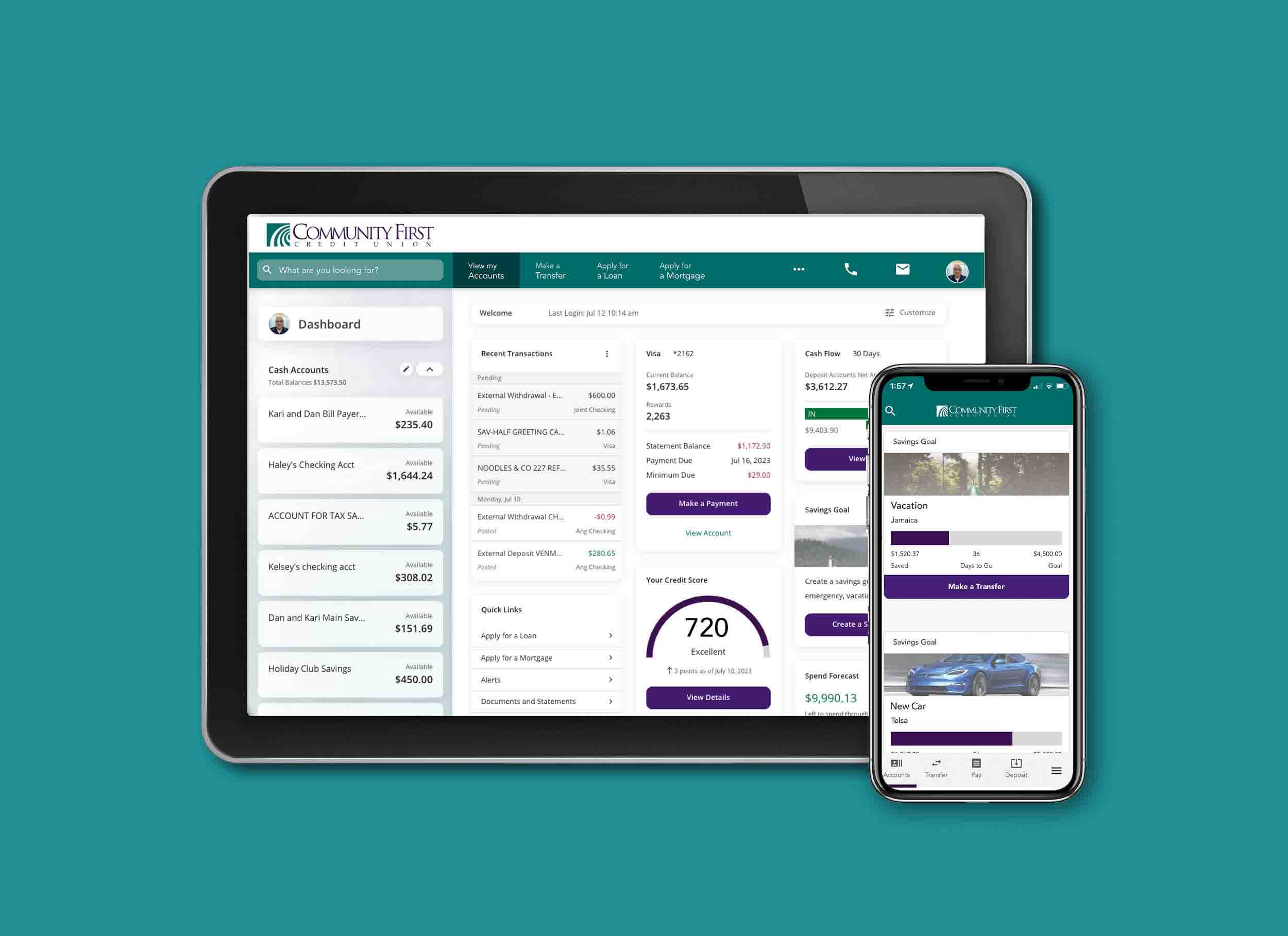 Community First Credit Union digital banking savings goals display on tablet and mobile.