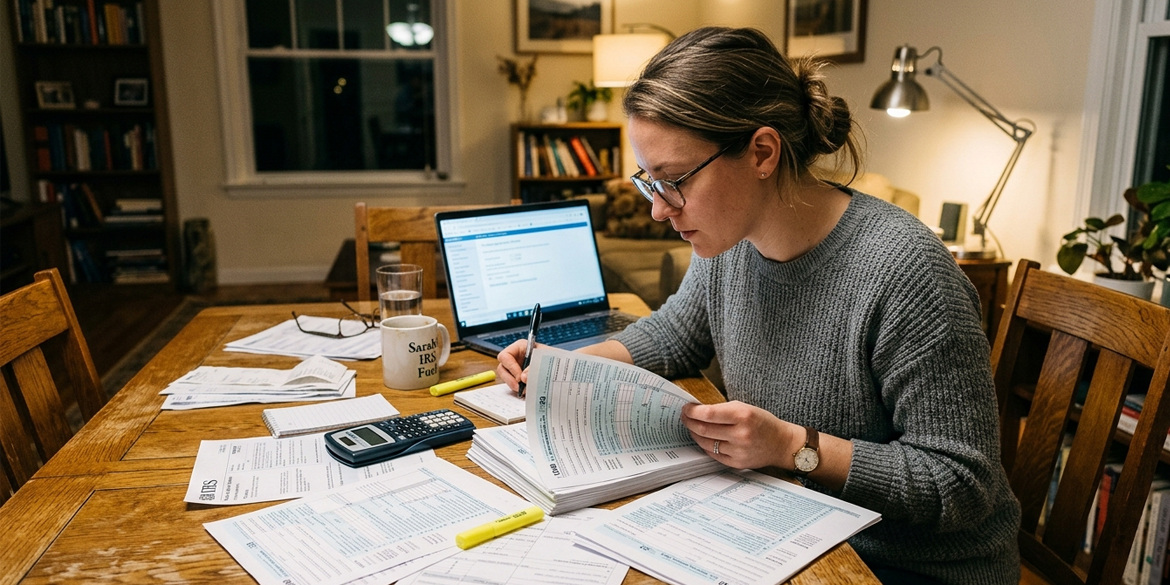 Woman studying tax forms at table.