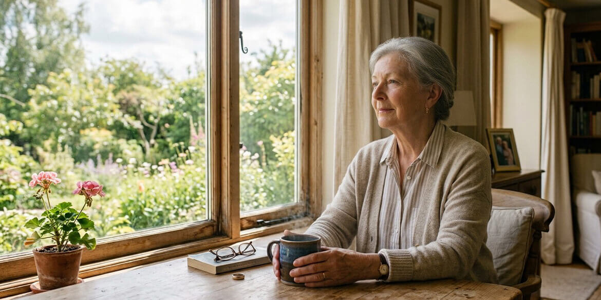 Woman looking out of a window drinking coffee.