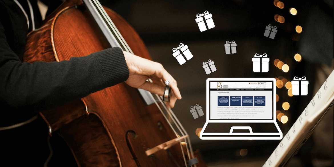 Violinist performing orchestral music and gifts being made through online donation portal.