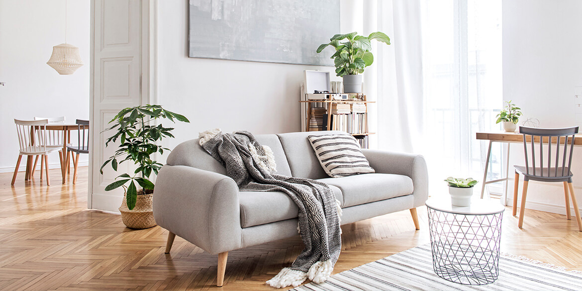 White painted living room with wood floor, gray couch, and gray and white striped throw.
