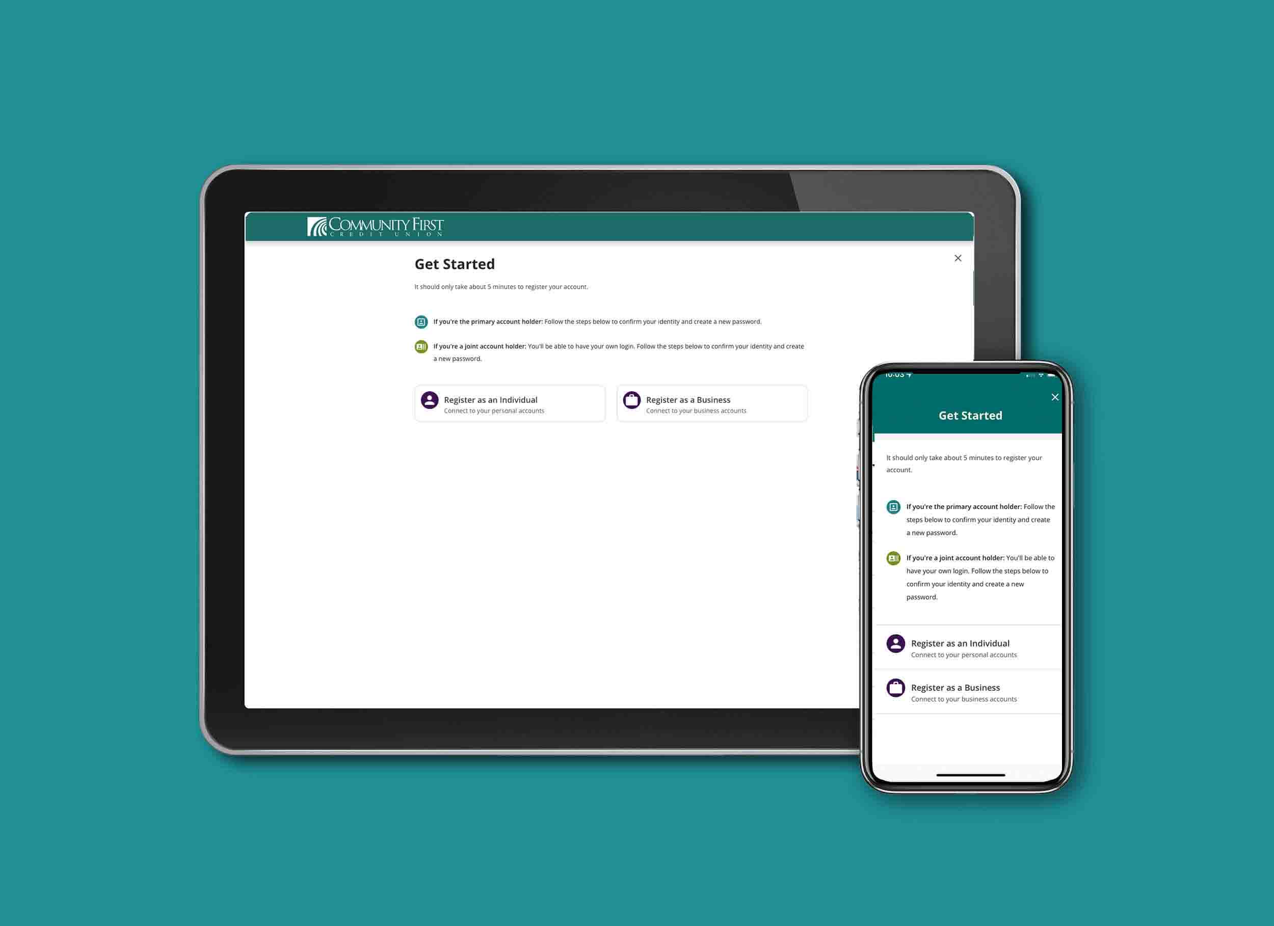 Community First Credit Union digital banking account opening display on tablet and mobile.