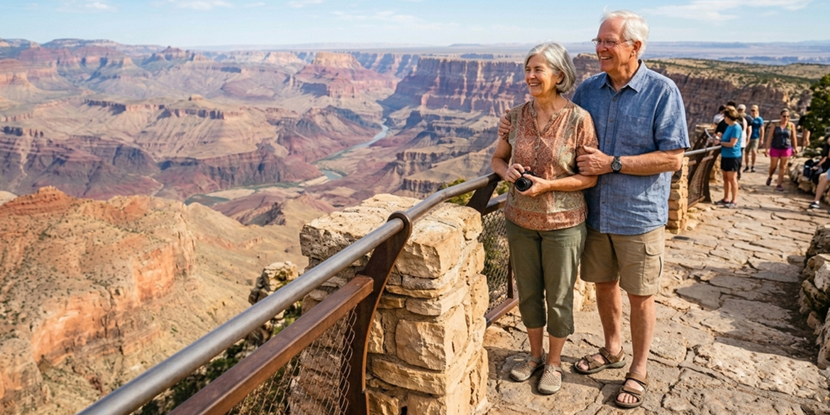 Older couple standing by canyon view.