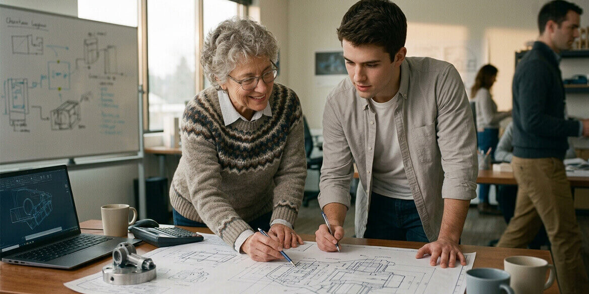 Woman tutoring young man on retirement plan.