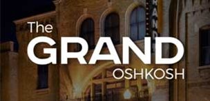 The Grand Oshkosh logo in white text over the picture of the outside of a building.