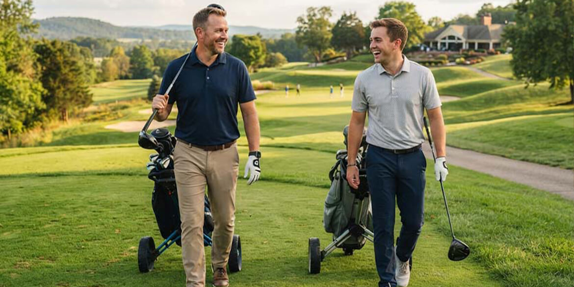 Two brothers golfing together.
