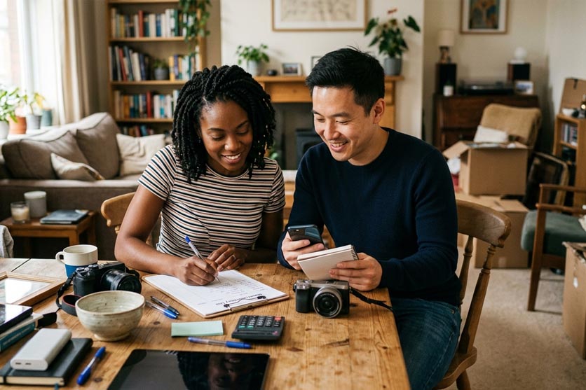 Couple making list of possessions.