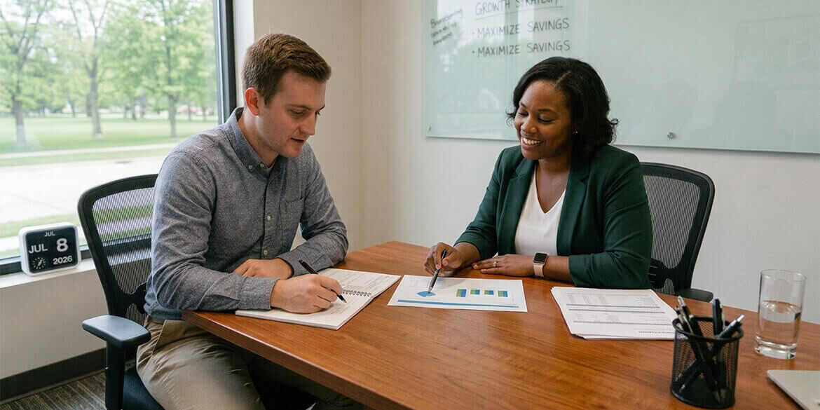 Man meeting with a financial advisor for retirement planning.